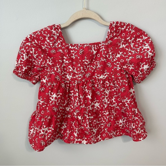 J. Crew Crewcuts Girls Pink White Puff Sleeve Blouse Ruffle Smocked Size 8/9 - Picture 4 of 5